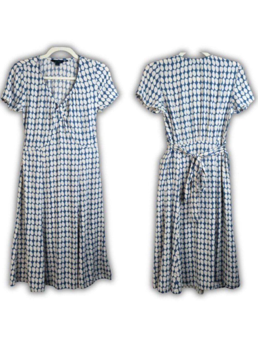 Boden Polka Dot Knee Length Dress 10 Blue White Short Sleeve Flowy Retro Arsty